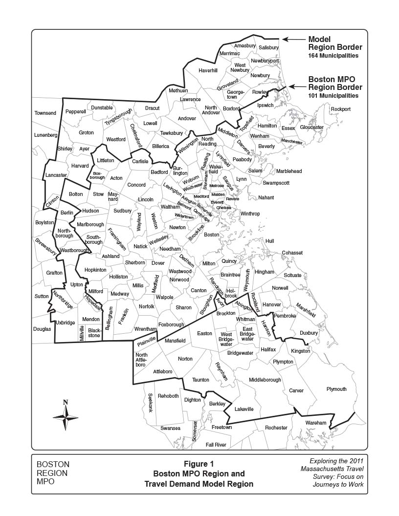 FIGURE 1. Boston MPO Region and Travel Demand Model Region
This is a map of the 101-municipality Boston region MPO and164-municipality travel demand model region, showing the delineation of their borders. 
